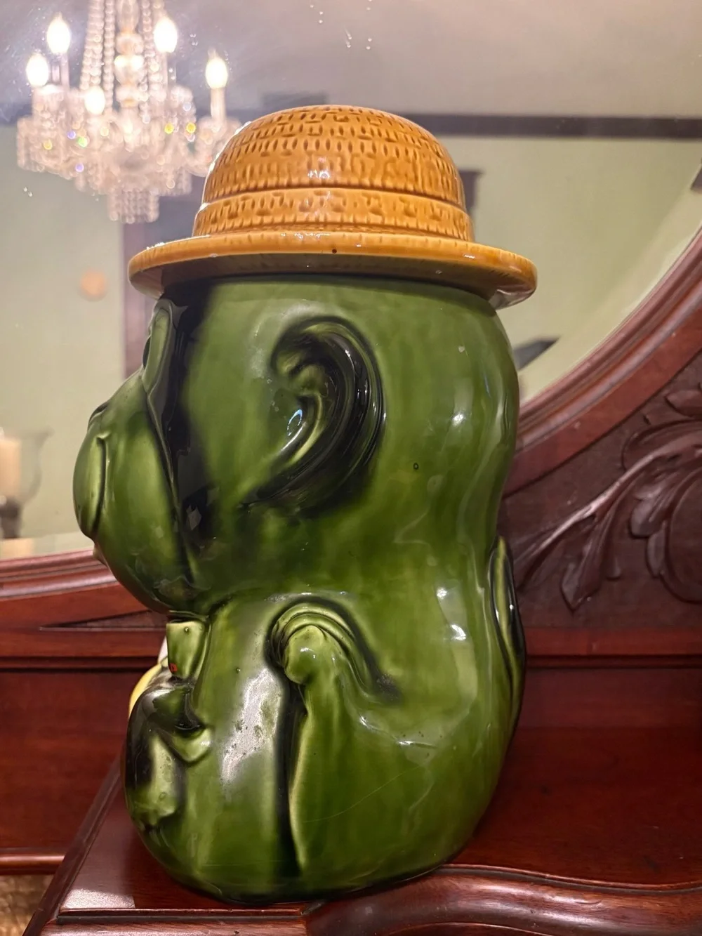 Japanese Green Ceramic Monkey Cookie Jar with Straw Hat
